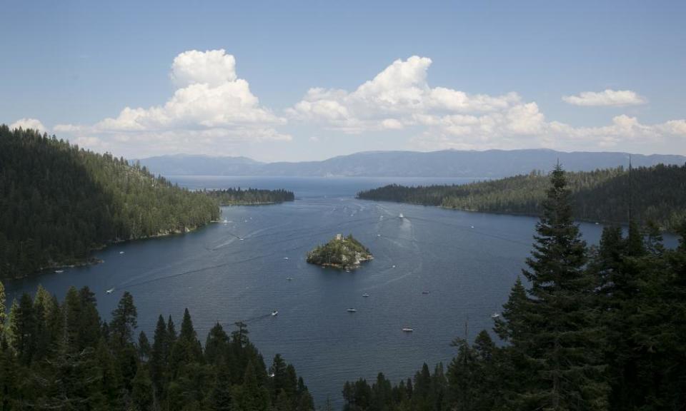 Boats ply the waters of Emerald Bay of Lake Tahoe.