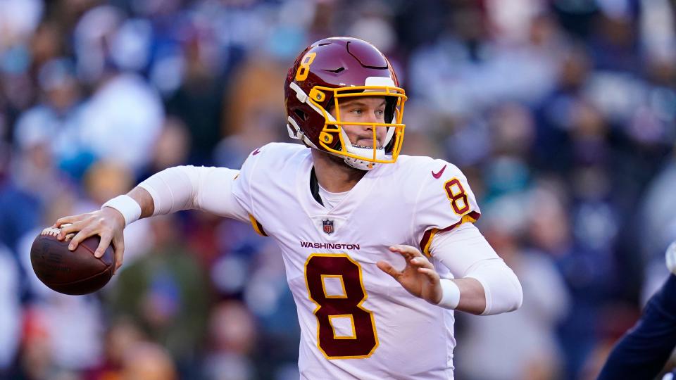 Washington Football Team quarterback Kyle Allen (8) during an NFL football game against the Dallas Cowboys, Sunday, Dec. 12, 2021, in Landover, Md.