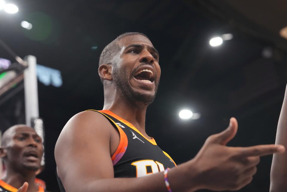 Oct 30, 2022; Phoenix, AZ, USA; Phoenix Suns guard Chris Paul (3) yells out to the referee during their game against the Houston Rockets at Footprint Center.