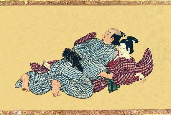 Created in 1750, this shunga scroll depicts a tryst between two men, one likely a samurai and the other a kabuki actor taking on a sexualized female role.