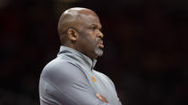 Atlanta Hawks head coach Nate McMillan looks at the court during the first half of an NBA basketball game against the Boston Celtics, Friday, Jan. 28, 2022, in Atlanta. (AP Photo/Hakim Wright Sr.)