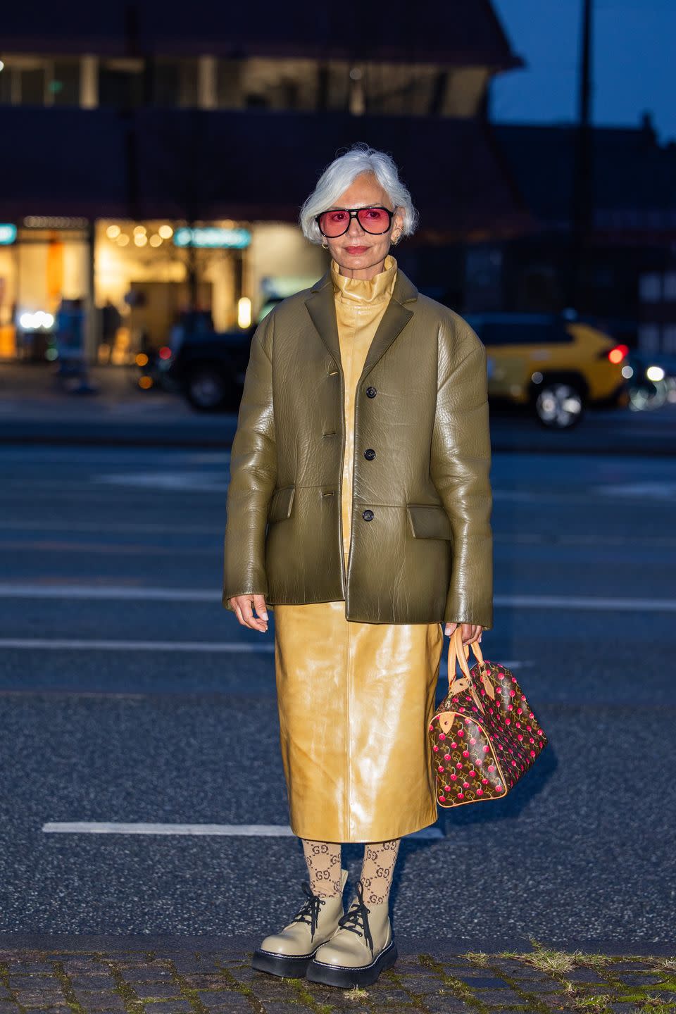 copenhagen, denmark january 30 grece ghanem wears khaki jacket, louis vuitton bag, beige dre outside remain during the copenhagen fashion week aw24 on january 30, 2024 in copenhagen, denmark photo by christian vieriggetty images