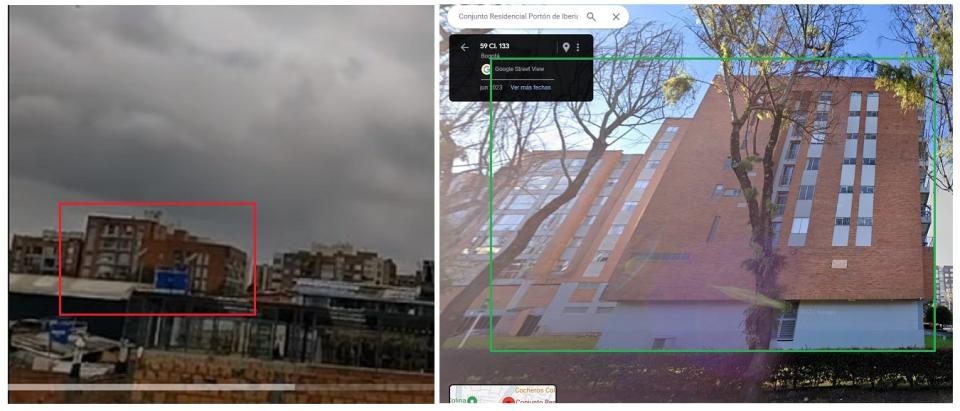 <span>Comparación entre una captura del video viral y una imagen en Google Street View, hecha el 29 de mayo de 2024</span>