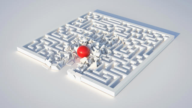 red ball wrecking a path through a maze
