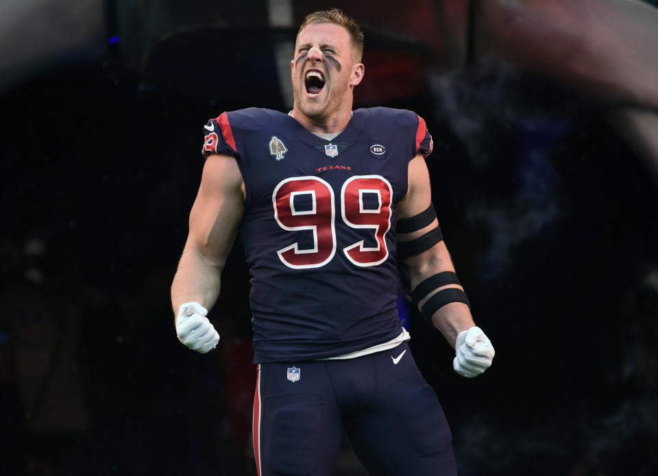 FILE - In this Dec. 2, 2018, file photo, Houston Texans defensive end J.J. Watt (99) yeslls before an NFL football game against the Cleveland Browns,n Houston. Houston has the AFC’s second seed behind Kansas City and will have a wild-card bye if it wins out. “It really doesn’t matter how you win, you just have to win,” says star DE J.J. Watt. (AP Photo/Eric Christian Smith, File)