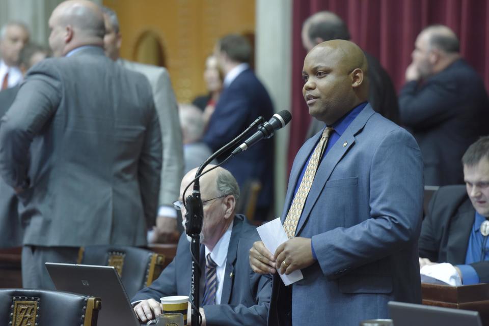 State Rep. Shamed Dogan speaks on the Missouri House floor (Tim Bommel/House Communications)