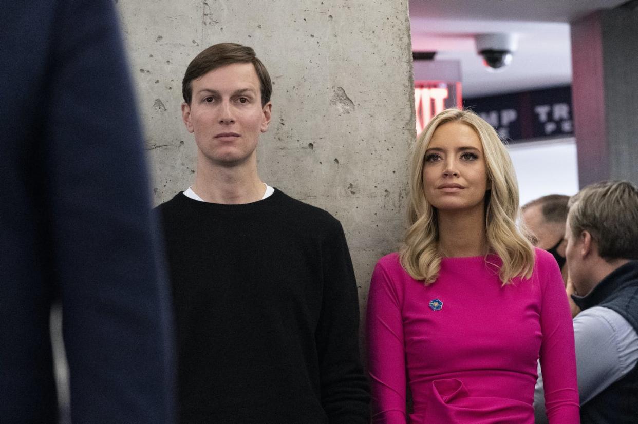 <span class="caption">At least 13 former Trump administration officials, including Jared Kushner and Kayleigh McEnany, pictured here, violated the Hatch Act, according to a new federal investigation released Nov. 9, 2021.</span> <span class="attribution"><a class="link " href="https://newsroom.ap.org/detail/TrumpHatchAct/ccefacd6bbb840efb47c1dc4972f82c3/photo?Query=Trump%20Kushner&mediaType=photo&sortBy=arrivaldatetime:desc&dateRange=Anytime&totalCount=1895&currentItemNo=0" rel="nofollow noopener" target="_blank" data-ylk="slk:AP Photo/Alex Brandon;elm:context_link;itc:0;sec:content-canvas">AP Photo/Alex Brandon</a></span>