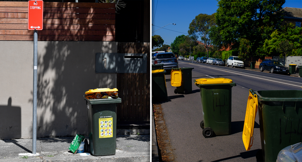 Pictured are yellow recycling bins. Source: AAP/Getty
