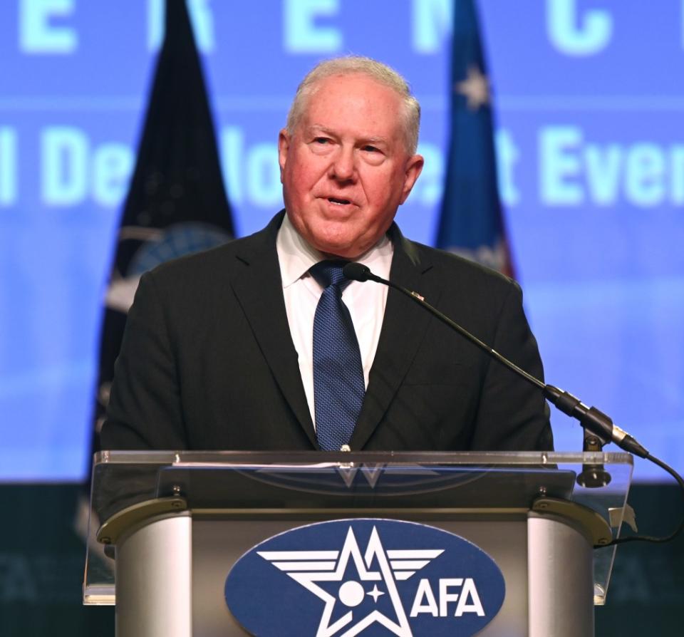 Secretary of the Air Force Frank Kendall delivers a keynote address at the Air and Space Forces Association’s Air, Space and Cyber Conference in National Harbor, Md., Sept 11, 2023. (U.S. Air Force photo by Andy Morataya)