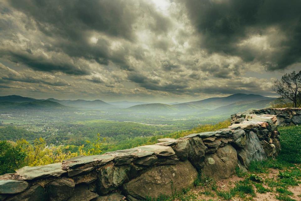 Dramatic skies and storm clouds at a scenic overlook at the foot of Shenandoah National Park, Virginia.