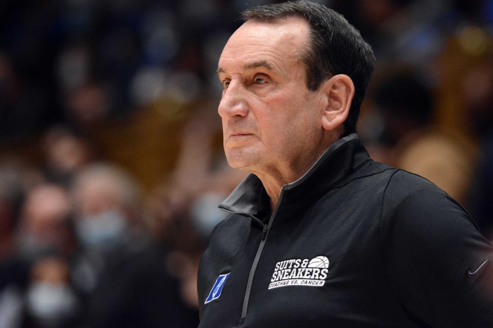 Jan 25, 2022; Durham, North Carolina, USA; Duke Blue Devils head coach Mike Krzyzewski looks on during the second half against the Clemson Tigers at Cameron Indoor Stadium.