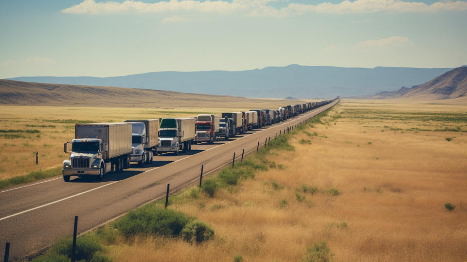 A long line of trucks transporting goods across the open road, symbolizing the long-distance transportation services of the company.