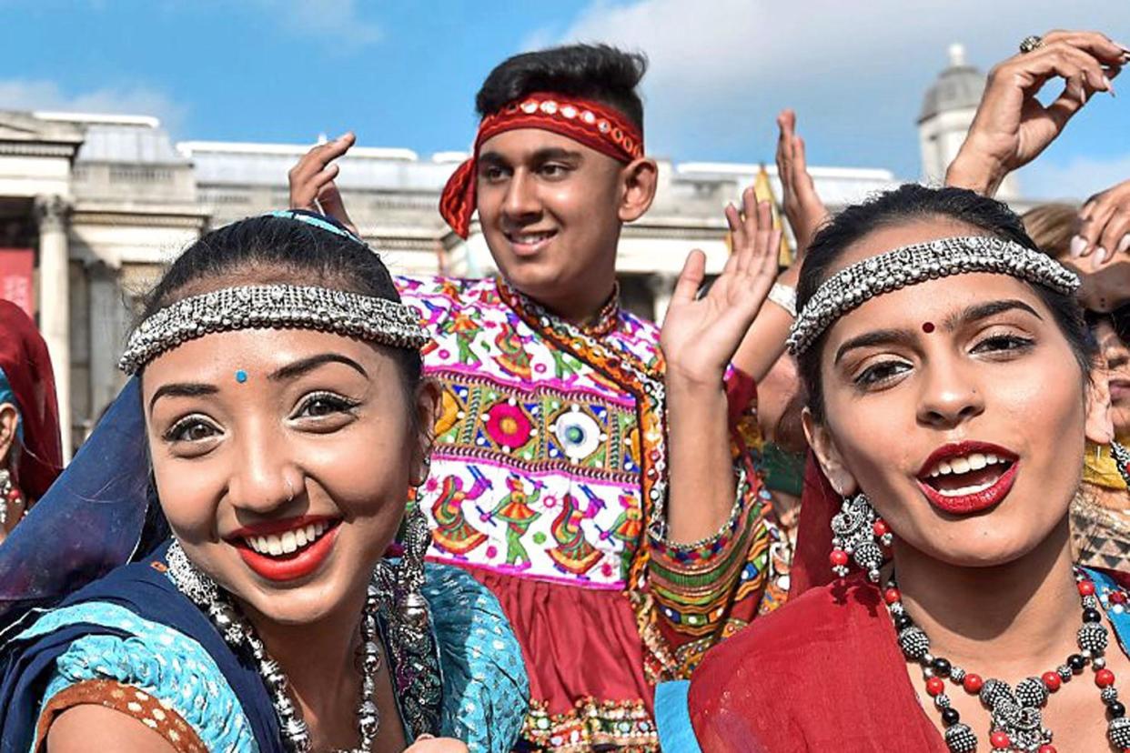 Eastern eye: garba dancers celebrate Diwali in Trafalgar Square last weekend: Rex Features