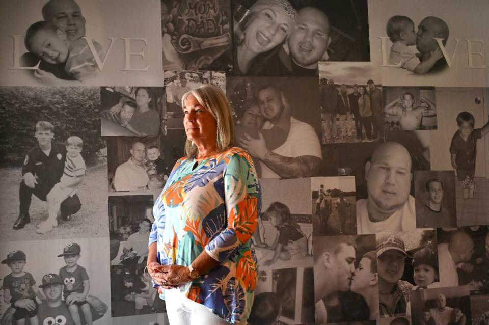 Donna Burnette, shown at her home in Indian Trail with photos of her deceased son, Kyle, had to wait 14 months for the medical investigation into her son’s death to be completed. “There is no way it should take that long,” she said.