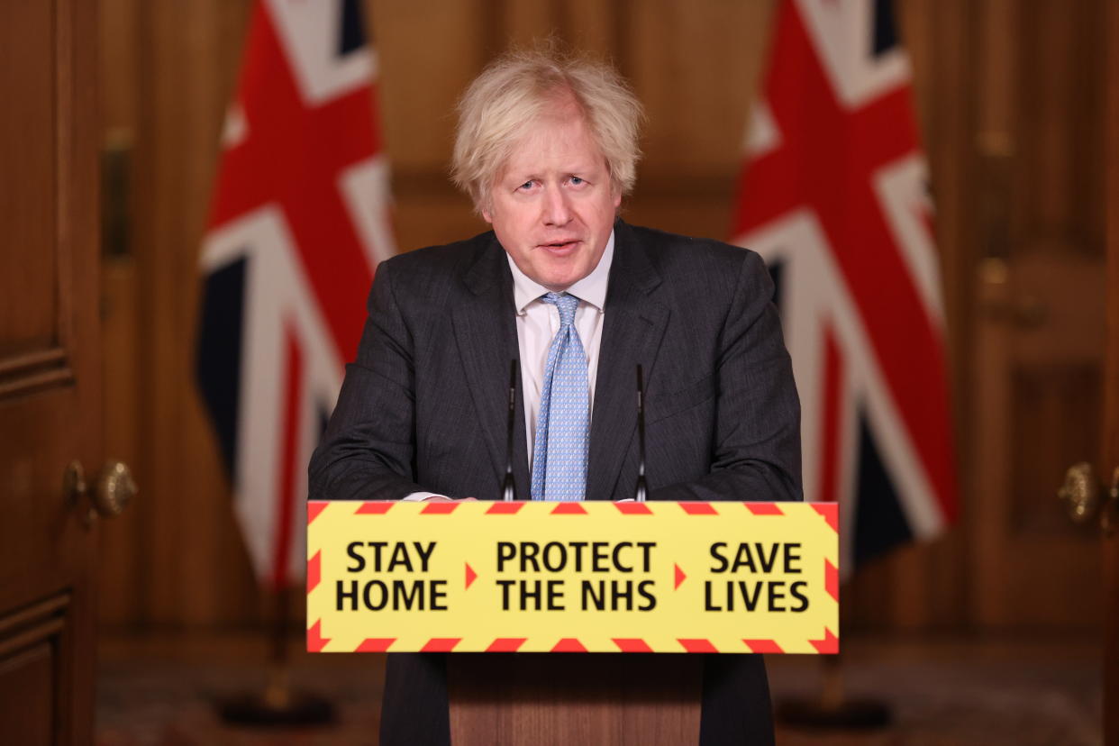 LONDON, ENGLAND - FEBRUARY 10: Prime Minister Boris Johnson speaks at a virtual press conference to give an update on the coronavirus Covid-19 pandemic, at Downing Street on Ferbruary 10, 2021 in London, England. The PM said the number of people in the UK who have received their first dose of a coronavirus vaccine has passed 13 million.  (Photo by Steve Reigate - WPA Pool/Getty Images)