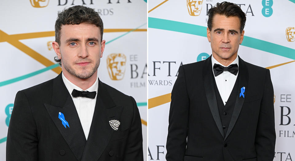 Paul Mescal (L) and Colin Farrell (R) both wore the #WithRefugees blue ribbon on the BAFTA red carpet. (Getty Images)