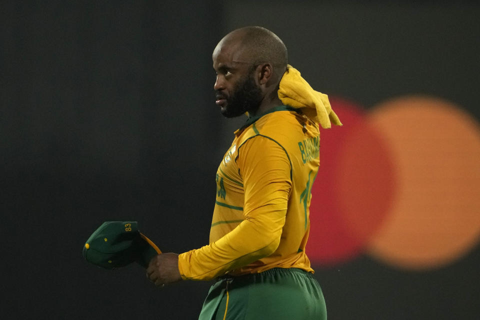 South Africa's captain Temba Bavuma walks towards his fielding position during the second T20 cricket match between India and South Africa, in Guwahati, India, Sunday, Oct. 2, 2022. (AP Photo/Anupam Nath)