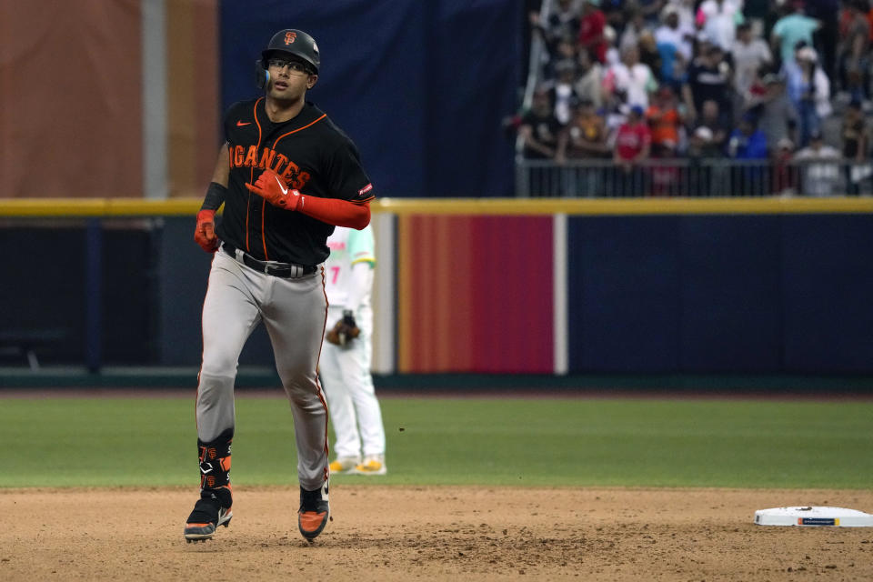 San Francisco Giants' Blake Sabol runs the bases after hitting a two-run home run against the San Diego Padres during the seventh inning of a baseball game at the Alfredo Harp Helu Stadium in Mexico City, Saturday, April 29, 2023. (AP Photo/Fernando Llano)