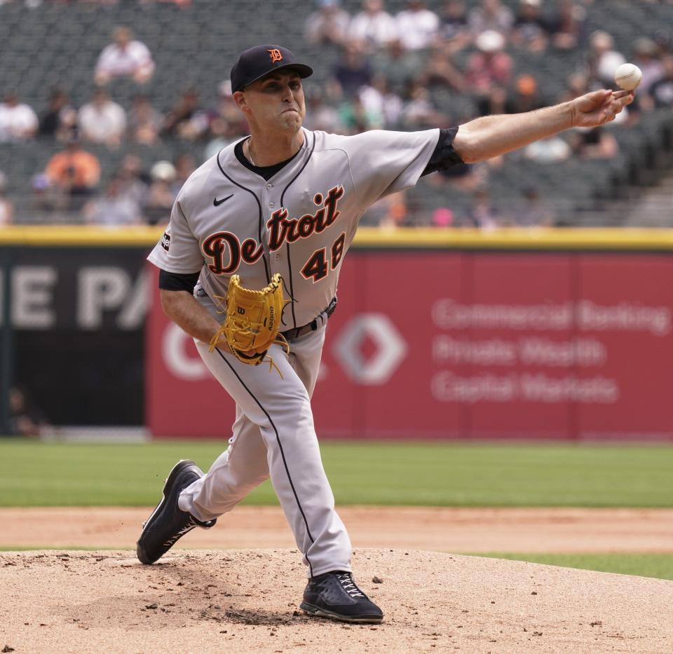 Matthew Boyd of the Detroit Tigers throws a pitch during the first inning of a game against the Chicago White Sox at Guaranteed Rate Field on June 4, 2023 in Chicago, Illinois.