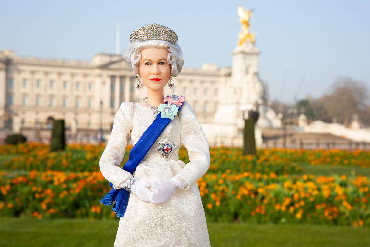 To celebrate Queen Elizabeth II's Platinum Jubilee year, Mattel created a Barbie inspired by the monarch's iconic gowns. (Mattel)