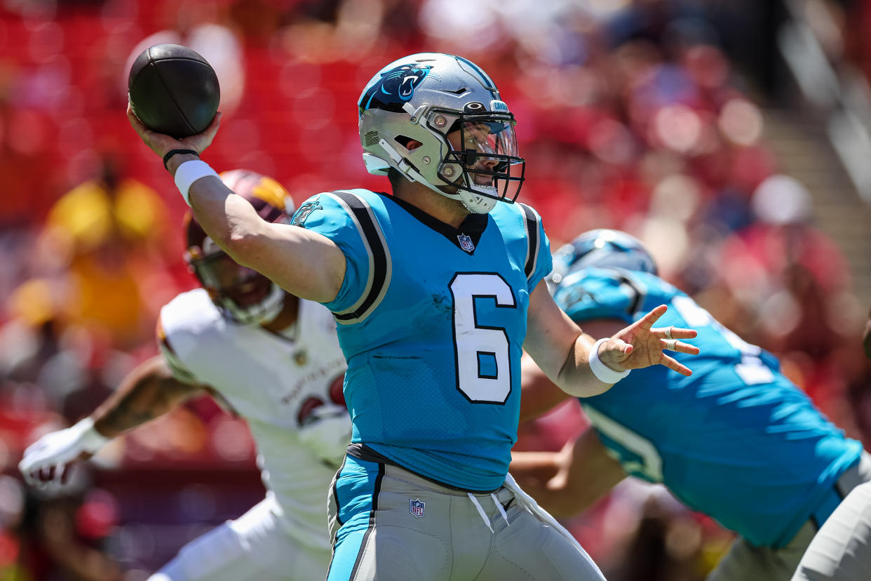 Baker Mayfield started the Carolina Panthers' first preseason game on Saturday. (Photo by Scott Taetsch/Getty Images)