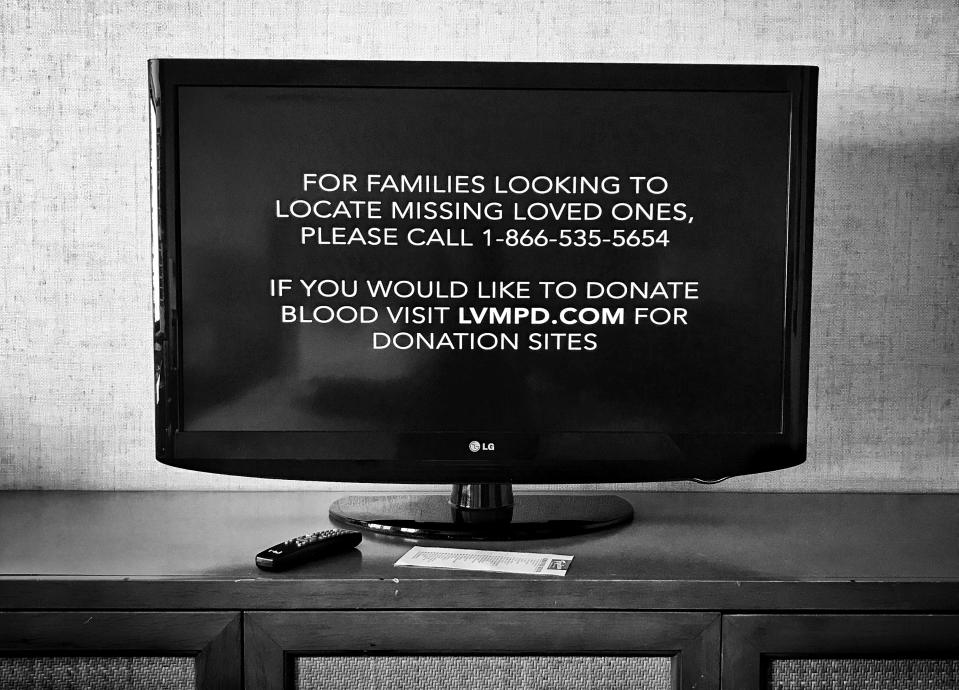 A message seen on a television inside a room at the Tropicana Hotel and Casino Monday. The casino, adjacent to the concert site, gave shelter to those fleeing the shooting. (Photo: Holly Bailey/Yahoo News)