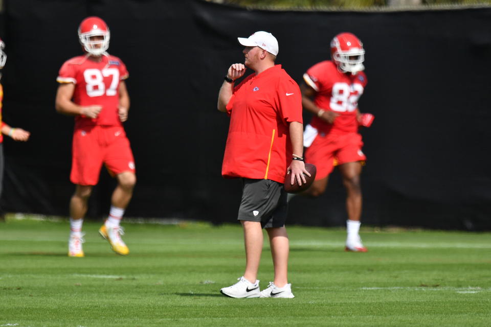 DAVIE, FLORIDA - JANUARY 30: Linebackers coach Britt Reid looks on during the Kansas City Chiefs practice prior to Super Bowl LIV at Baptist Health Training Facility at Nova Southern University on January 30, 2020 in Davie, Florida. (Photo by Mark Brown/Getty Images)