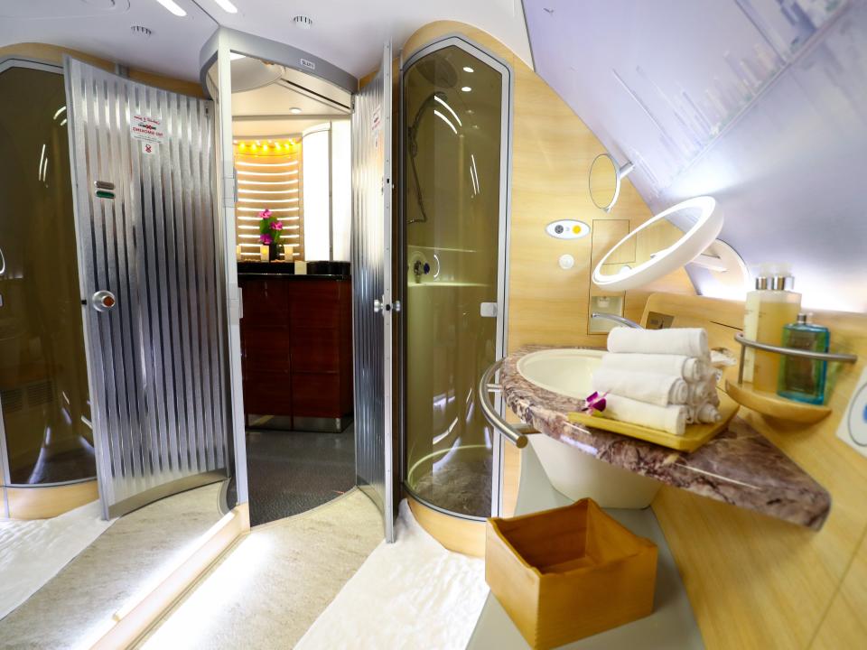 The bathroom of a first class cabin inside an Emirates Airbus A380.