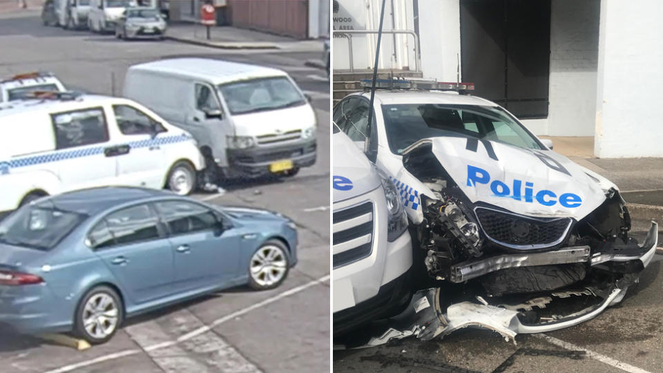 The photos shows stills of the CCTV footage which captured the moment the van crashed into police cars on Monday morning.
