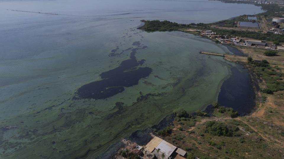 Oil waste stains the waters of Lake Maracaibo in San Francisco, Venezuela, Wednesday, Aug. 9, 2023. The lake has turned into a polluted wasteland, with crude leaking from rusting oil platforms and cracked pipelines. (AP Photo/Ariana Cubillos)