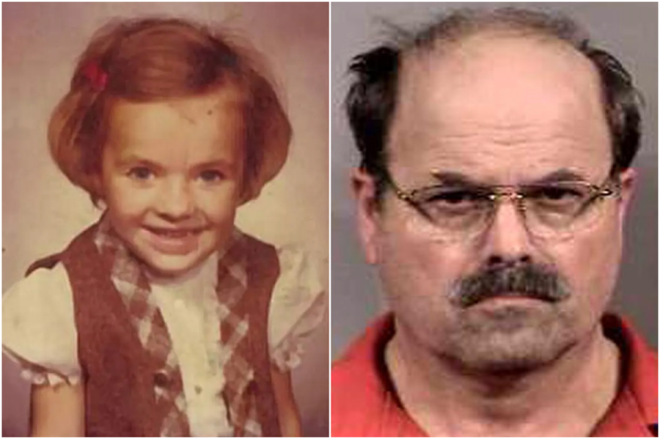 Shawna Garber as a child and Dennis Rader, who was questioned in her 1990 murder (Othram)