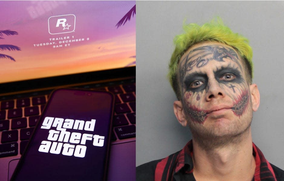 A cell phone with the Grand Theft Auto logo (left), and a mugshot of Lawrence Sullivan (right.