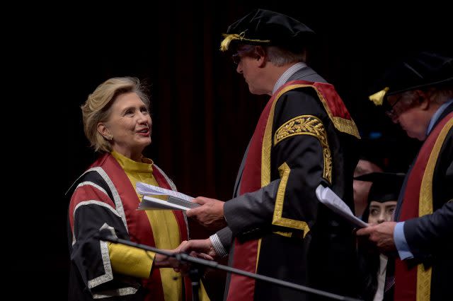 During her visit to the UK, Mrs Clinton received an honorary doctorate at Swansea University (Ben Birchall/PA)