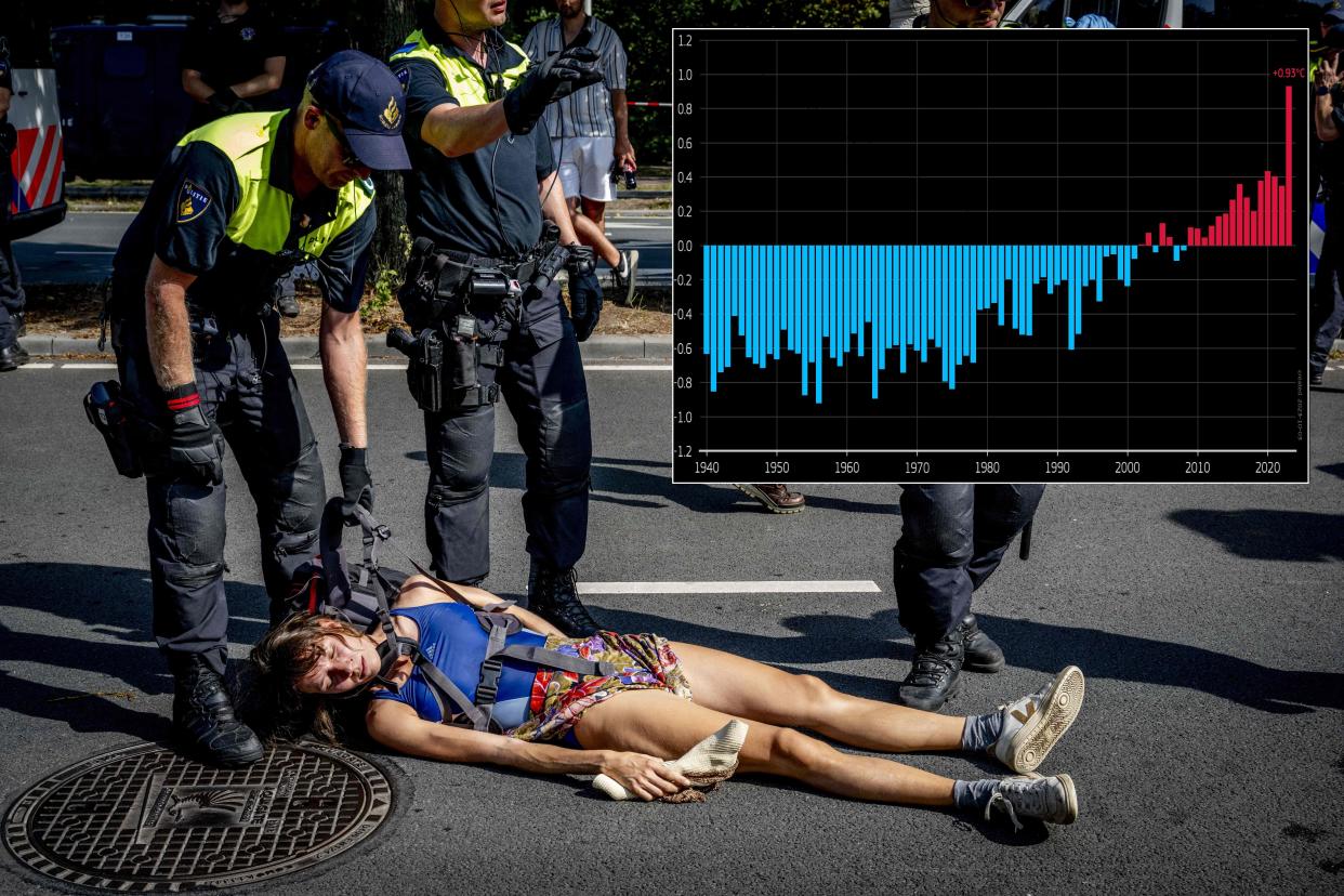 TOPSHOT - Police officers remove a climate activist from Extinction Rebellion group who is blocking the Utrechtsebaan highway during a demonstration against government's granting of fossil fuel subsidies in The Hague, September 10, 2023. (Photo by Robin Utrecht / ANP / AFP) / Netherlands OUT (Photo by ROBIN UTRECHT/ANP/AFP via Getty Images)