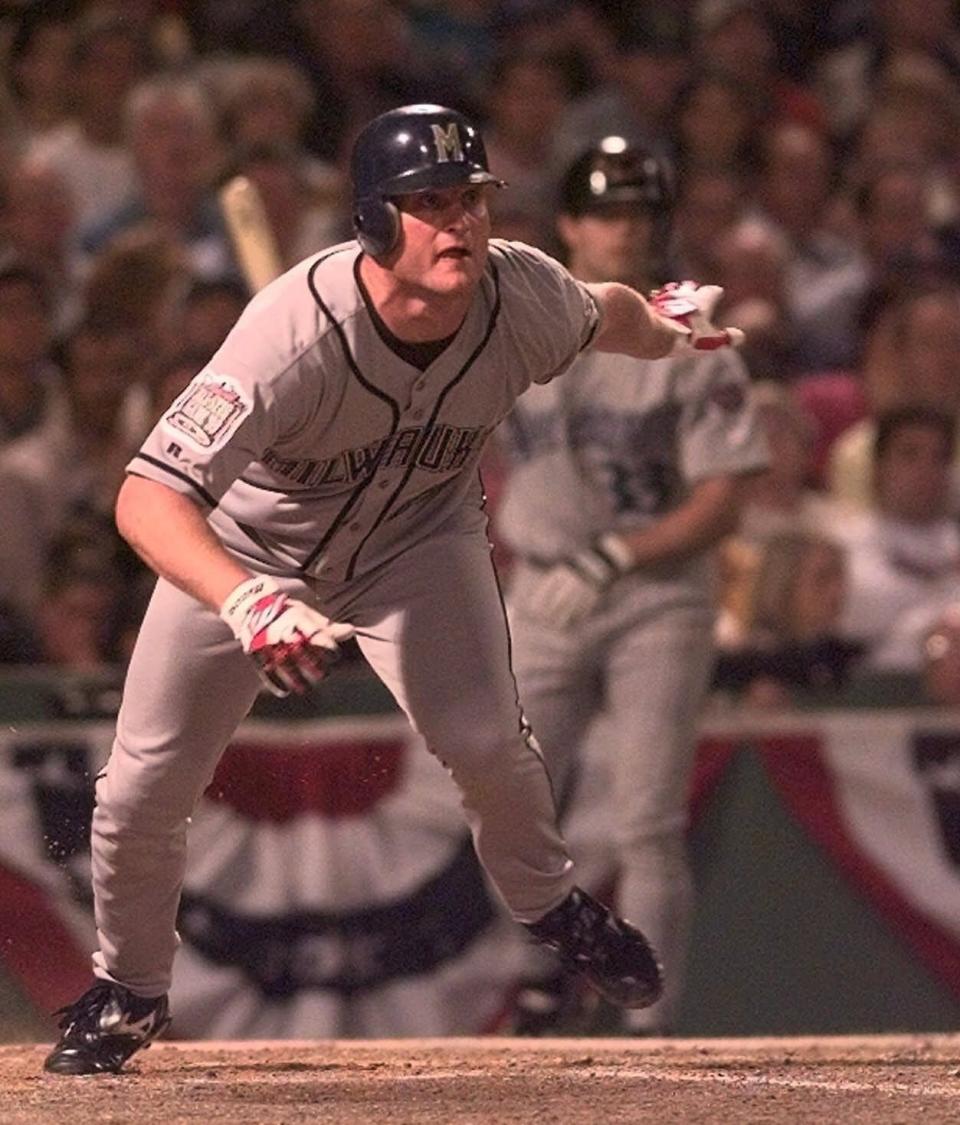 Milwaukee Brewers' Jeromy Burnitz breaks from the plate on a double in the fourth inning, Tuesday, July 13, 1999, at the All-Star Game in Boston's Fenway Park. Burnitz later scored in the inning on a hit by Cincinnati Reds' Barry Larkin.