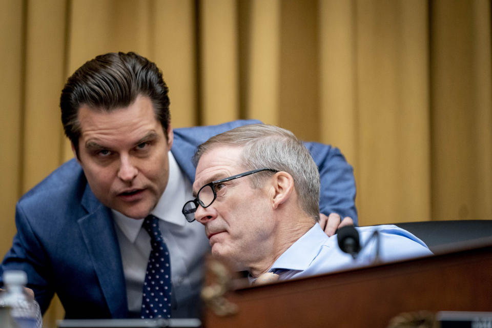 Rep. Matt Gaetz, R-Fla., left, speaks with Chairman Rep. Jim Jordan, R-Ohio, during a House Judiciary subcommittee hearing on what Republicans say is the politicization of the FBI and Justice Department and attacks on American civil liberties, on Capitol Hill in Washington, Thursday, May 18, 2023. (AP Photo/Andrew Harnik)