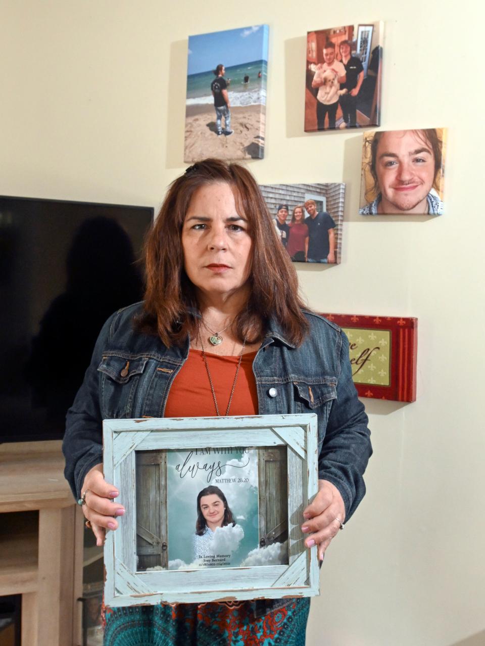 Jill Maiorana holds photos of her son Joey Bernard, who died at 18 using a synthetic opiate while living in a sober house in Florida.