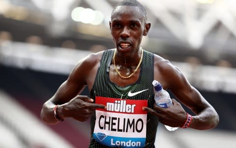 Paul Chelimo of USA celebrates victory following the Men's 5000m Race during Day One of the Muller Anniversary Games at London Stadium on July 21, 2018 in London, England. - Credit: Bryn Lennon