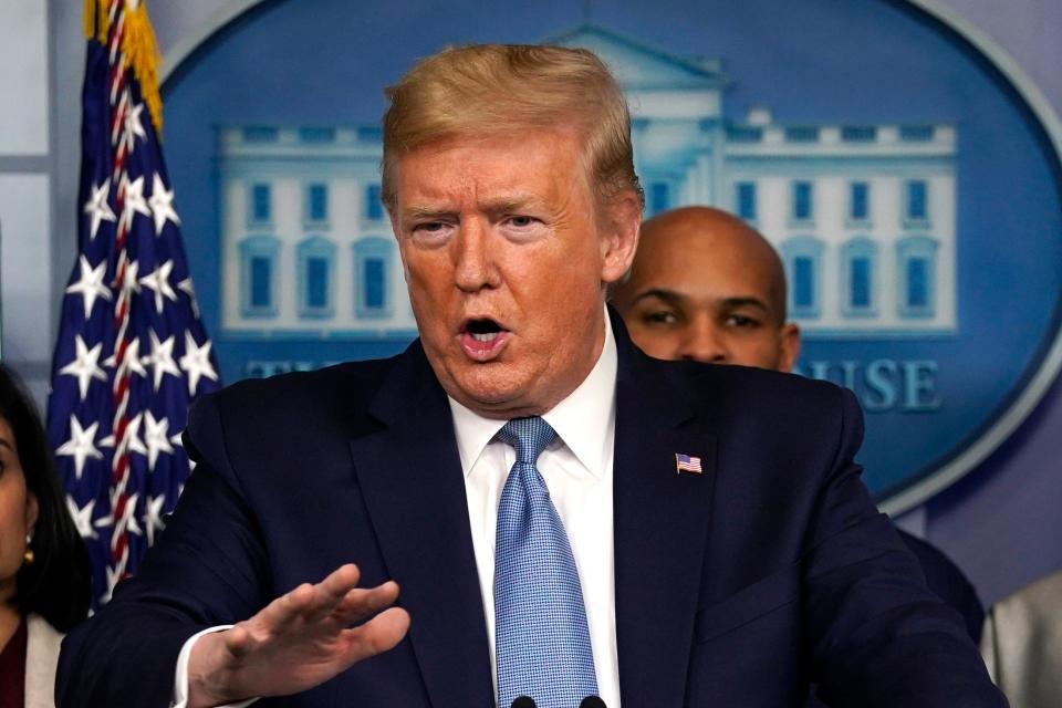 President Donald Trump speaks during a press briefing with the coronavirus task force, in the Brady press briefing room at the White House, Monday, March 16, 2020, in Washington.