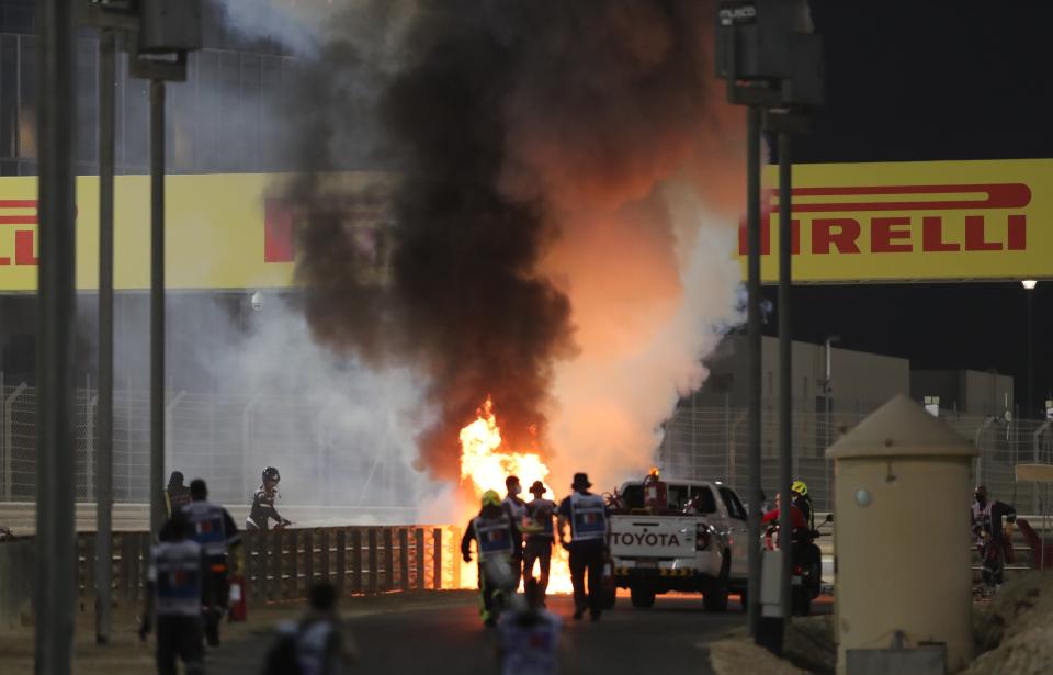 Romain Grosjean’s Haas erupted into flames after crashing on the opening lap of the Bahrain Grand PrixReuters