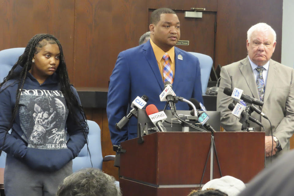 Atlantic City Mayor Marty Small, center, speaks at a news conference in Atlantic City, N.J., Monday, April 1, 2024, flanked by his daughter Jada, left, and his attorney Edwin Jacobs, right. Small said search warrants executed at his home last week by the county prosecutor's office involved "a family issue" for which the Smalls are in counseling and dealing with state child welfare authorities. (AP Photo/Wayne Parry)