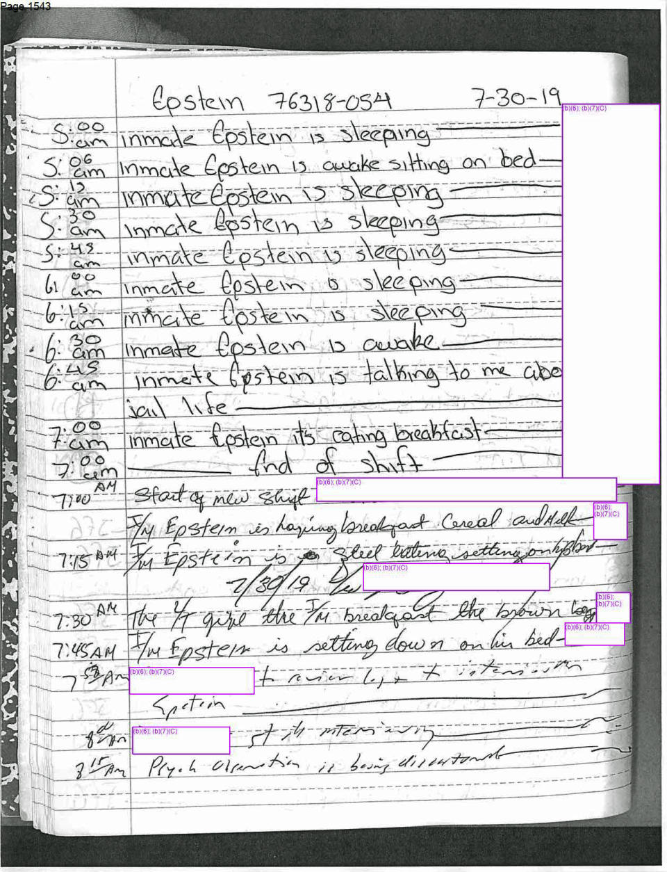 This photo shows one page of more than 4,000 pages of documents that the Associated Press obtained on Thursday, June 1, 2023, related to Jeffrey Epstein’s jail suicide from the federal Bureau of Prisons under the Freedom of Information Act. (Federal Bureau of Prisons via AP)