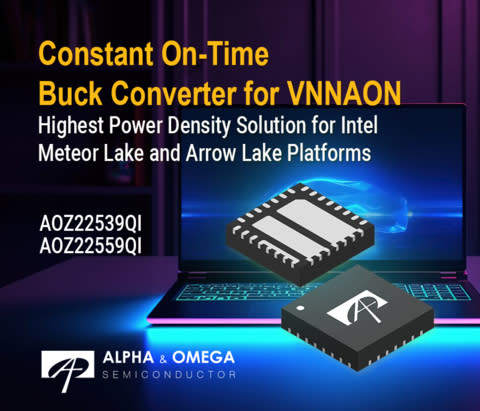 AOZ22559QI and AOZ22539QI Constant On-Time Buck Converters Provide Highest Power Density Solution for Intel Meteor Lake and Arrow Lake CPU VCCPRIM_VNNAON Rails (Graphic: Business Wire)