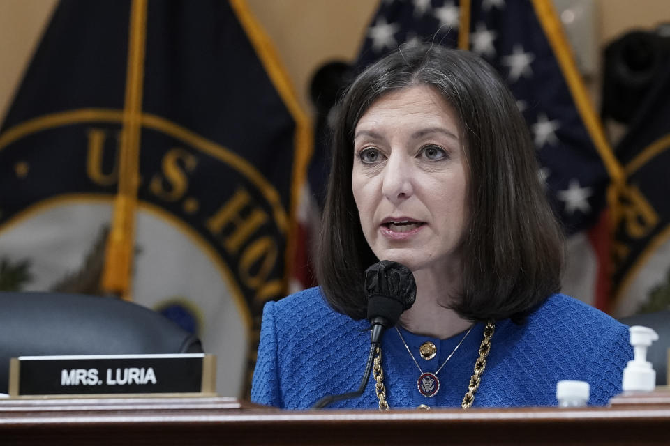 Rep. Elaine Luria, D-Va., speaks as the House select committee investigating the Jan. 6 attack on the U.S. Capitol holds a hearing at the Capitol in Washington, Thursday, July 21, 2022. (AP Photo/J. Scott Applewhite)