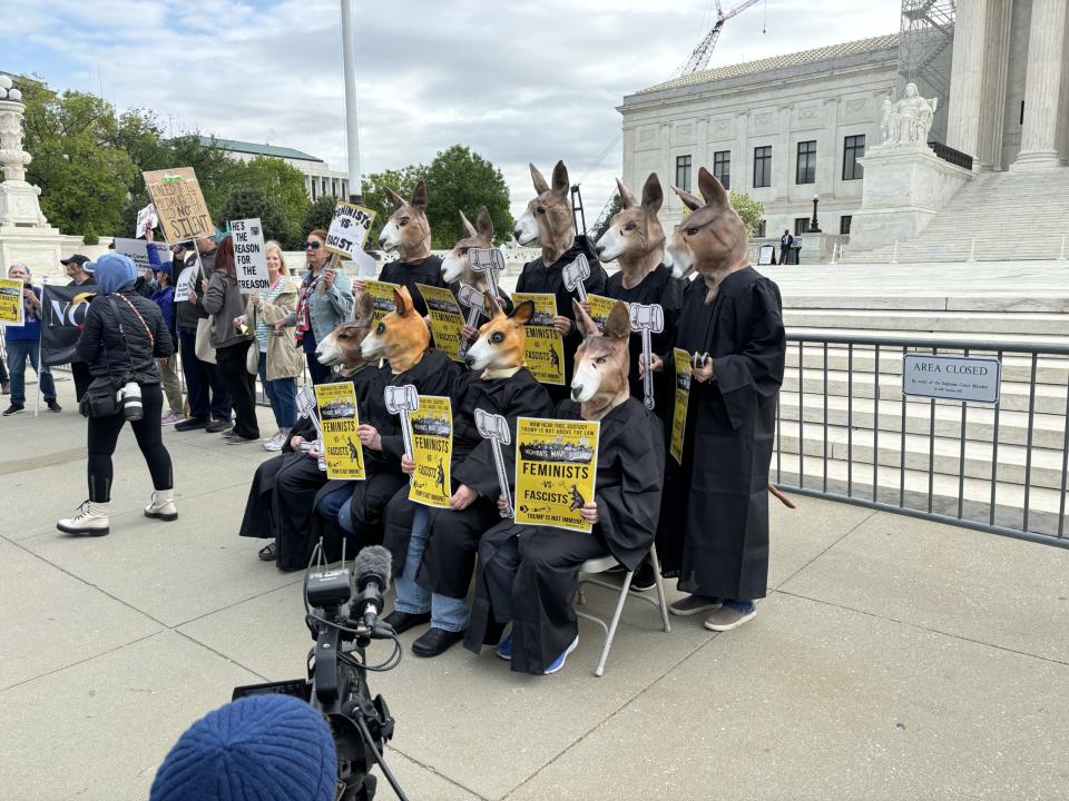 An anti-Trump "kangaroo court" pose outside the Supreme Court while Trump v. United States is argued inside.