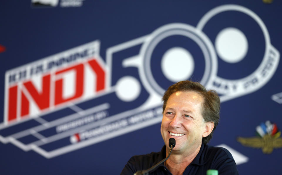FILE- In this May 18, 2017, file photo, former race car driver John Andretti speaks during a press conference at Indianapolis Motor Speedway in Indianapolis. Andretti, a member of one of racing's most families, has died following a battle with colon cancer, Andretti Autosports announced Wednesday, Jan. 30, 2020. He was 56. (AP Photo/Michael Conroy, File)
