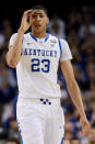 Anthony Davis #23 of the Kentucky Wildcats reacts after getting hit in the eye in the first half against the Kansas Jayhawks in the National Championship Game of the 2012 NCAA Division I Men's Basketball Tournament at the Mercedes-Benz Superdome on April 2, 2012 in New Orleans, Louisiana. (Photo by Ronald Martinez/Getty Images)