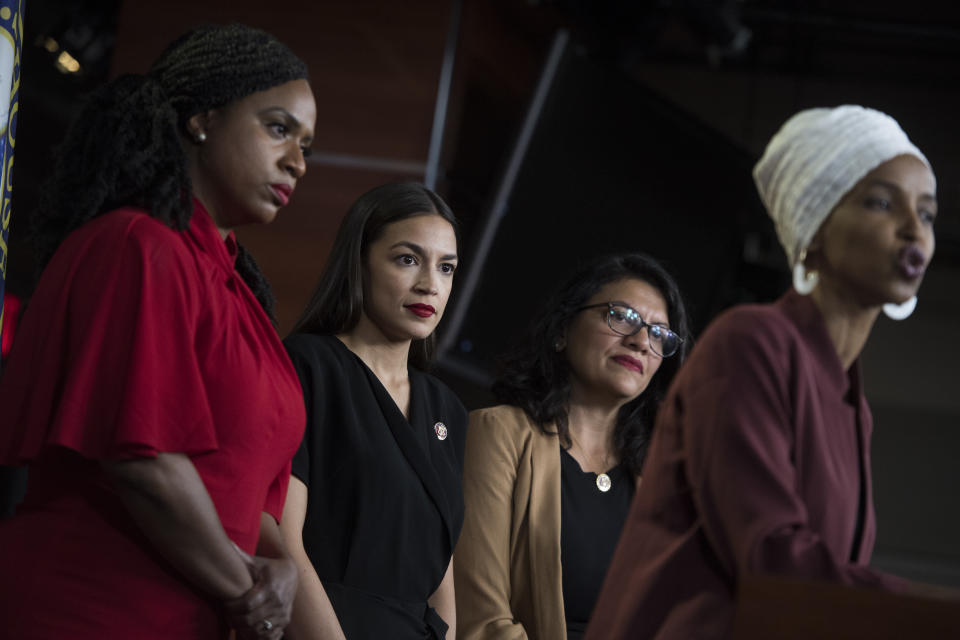  From left, Reps. Ayanna Pressley, D-Mass.,  Alexandria Ocasio-Cortez, D-N.Y., Rashida Tlaib, D-Mass., and Ilhan Omar, D-Minn., conduct a news conference in the Capitol Visitor Center responding to negative comments by President Trump that were directed the freshmen House Democrats on Monday, July 15, 2019. (Photo: Tom Williams/CQ Roll Call/Getty Images)