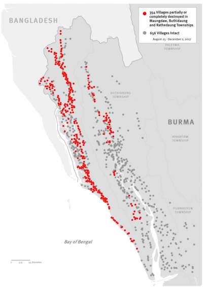 最新分佈圖顯示2017年10月到11月若開邦北部羅興亞村落被摧毀情形。© 2017 人權觀察