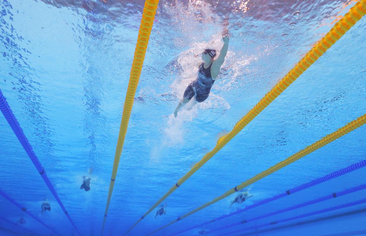 Katie Ledecky swims in the 1500-meter freestyle at 2022 World Championships.